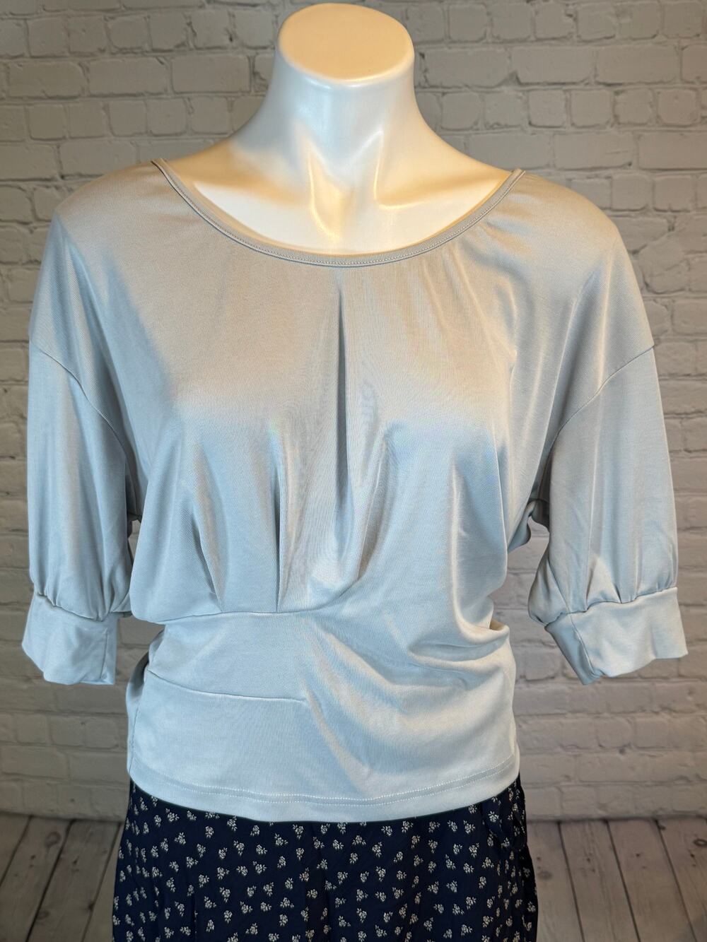 OGL Sandwashed Modal Batwing Boatneck Ruched Top Blue Gray L Large